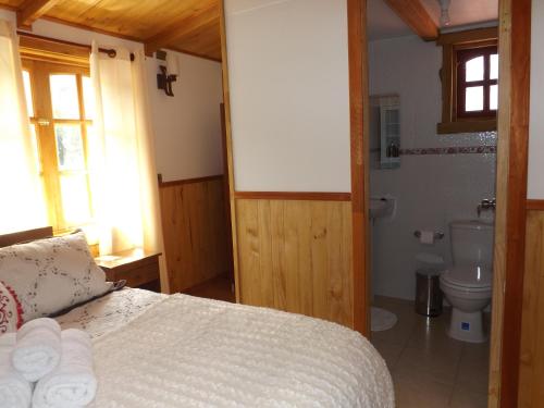 ein Schlafzimmer mit einem Bett und ein Badezimmer mit einem WC in der Unterkunft Hostal Robinson in Puerto Puyuhuapi