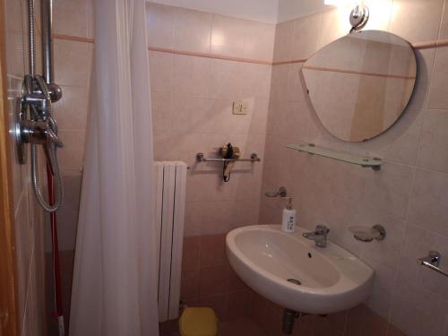 La salle de bains est pourvue d'un lavabo, d'un miroir et d'une douche. dans l'établissement Affittacamere Bella Treccia, à Cannara