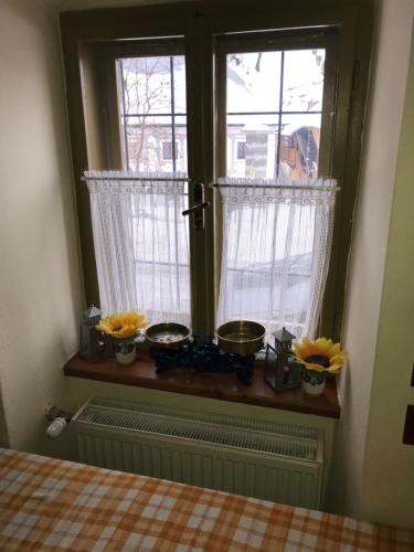 a window with two pans on a window sill at Penzión Príjemný Oddych in Banská Štiavnica