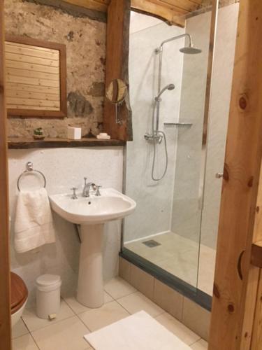 a bathroom with a sink and a shower at The Barn | Aberlour in Aberlour