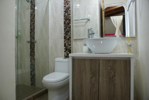 y baño con lavabo, aseo y ducha. en Casa Azul Boutique Hostel en Pereira