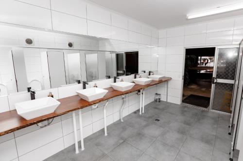 a bathroom with a row of sinks and mirrors at Mad Monkey Jungle in Cairns