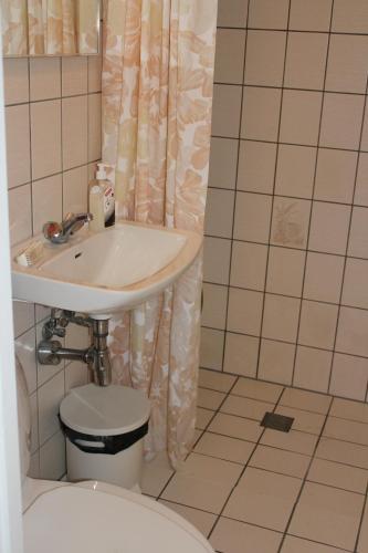 uma casa de banho com um lavatório e um WC em Lejligheder på Heygsmannavegur 15 em Tórshavn