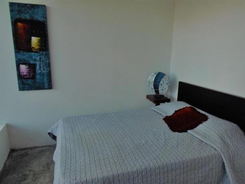 a bedroom with a bed with a lamp and a painting at Salamandra Room in Escazu