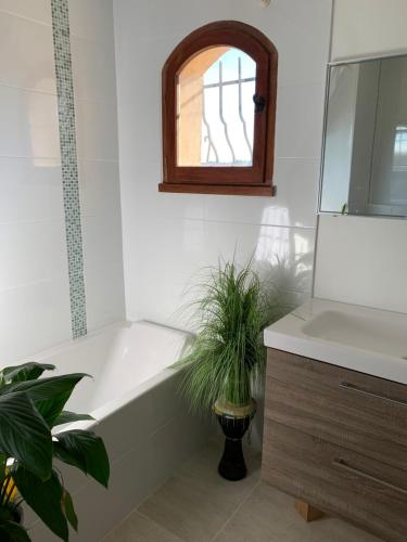 a bathroom with a tub and a sink and a mirror at Bed & Breakfast Les LILLAS in Saint-Jeannet