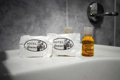dos bolsas de papel higiénico y una botella de miel en Hotel Ristorante Mommo, en Polistena