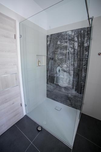 a shower in a room with a glass wall at Villa Mango 2 in Balatongyörök