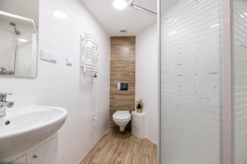 a white bathroom with a toilet and a sink at DIETLA 99 APARTMENTS - IDEAL LOCATION - in the heart of Krakow in Kraków