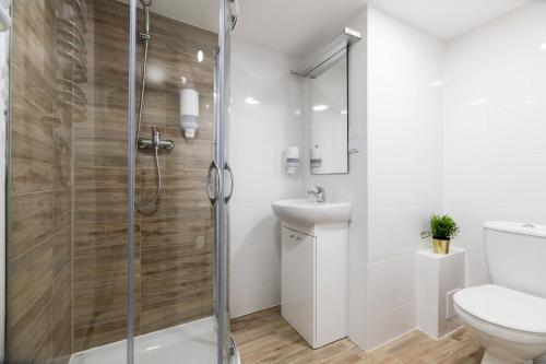 a bathroom with a shower and a toilet and a sink at DIETLA 99 APARTMENTS - IDEAL LOCATION - in the heart of Krakow in Kraków