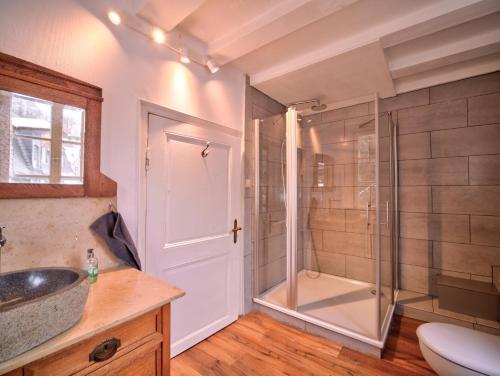 a bathroom with a shower and a sink at Haus Stehlings in Monschau