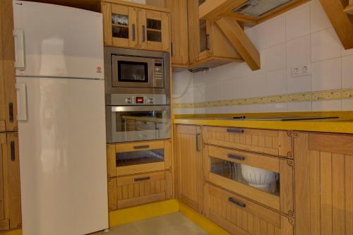 a kitchen with wooden cabinets and a white refrigerator at Apartamentos Centro 1 El Puerto de Santa Maria in El Puerto de Santa María