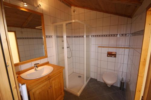 une salle de bain avec une douche, un lavabo et des toilettes dans l'établissement Chamonix Chalets, aux Houches