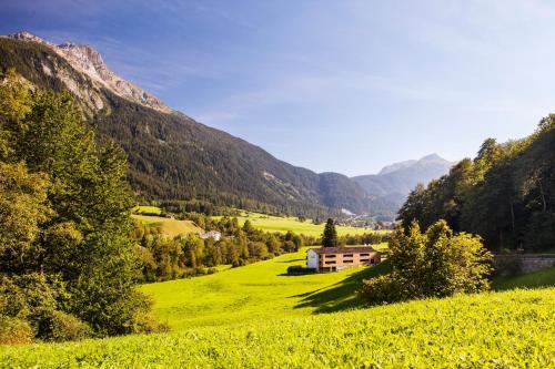 a green field with a house in the middle of a mountain at Hapimag Ferienwohnungen Andeer in Clugin