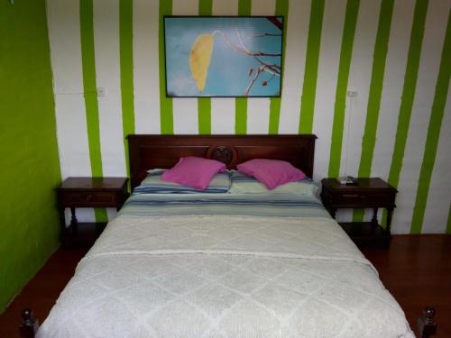 a bedroom with a bed with green and white stripes at La Higuerita in Capilla del Monte