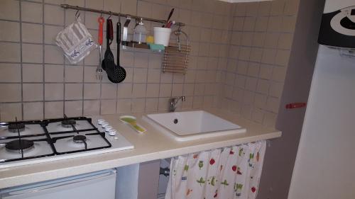 um balcão de cozinha com um lavatório e um fogão em La Castagna Matta em Albareto