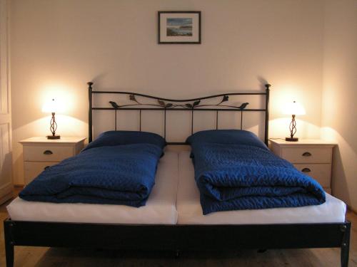 ein Schlafzimmer mit einem Bett mit blauen Kissen darauf in der Unterkunft Ferienappartements Bernhart in Stadecken-Elsheim