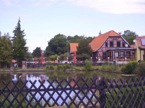 a lake in front of a house with houses at Ferienwohnung Fröhlich in Bad Suderode