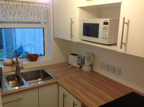 a kitchen with a sink and a microwave at Garden Apartment in Newton Abbot