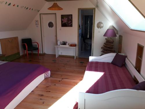 - une chambre mansardée avec 2 lits et une fenêtre dans l'établissement Chambre D'hôte De La Rotterie, à Saint-Mars-dʼOutillé