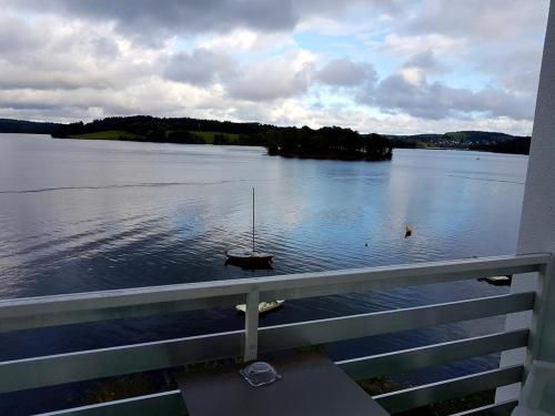 a view of a lake with a boat in it at Hotel Restaurant La Caravelle in Peyrat-le-Château