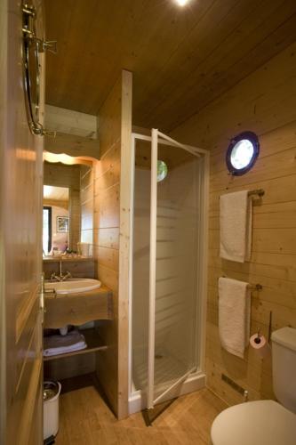 une salle de bain avec douche et lavabo dans l'établissement Gîtes Grand Pré ! et la Roulotte de Roquecor, à Roquecor