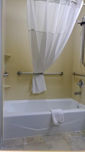 a bathroom with a bath tub with a shower curtain at Microtel Inn & Suites by Wyndham Wheeler Ridge in Wheeler Ridge
