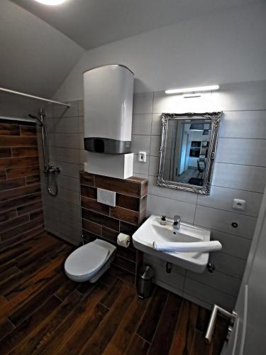 a bathroom with a sink and a toilet and a mirror at Penzion jako víno in Bulhary