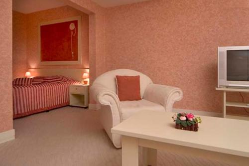 a living room with a white chair and a television at Hotel Temenuga in Panichishte