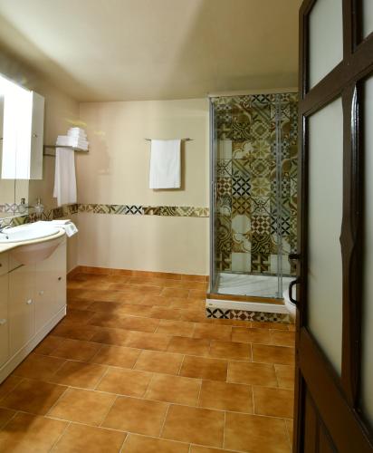 a bathroom with a shower and a sink at EVA & TRAVEL - El Cor del Montsant in Ulldemolins