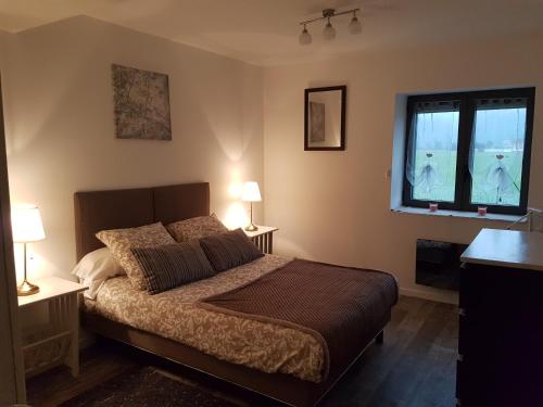 a bedroom with a bed with two lamps and a window at En campagne, confortable in Le Pouzin