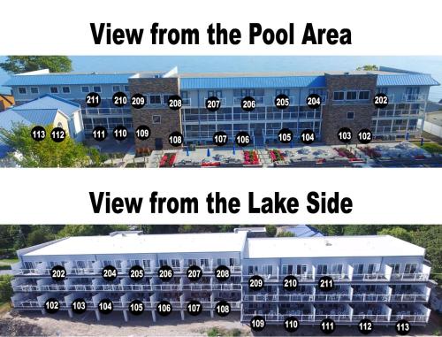 a view from the pool area of a large building at Put-in-Bay Waterfront Condo #202 in Put-in-Bay