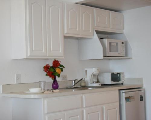 a kitchen with white cabinets and a vase of flowers on the counter at Hotel on the Cay in Christiansted