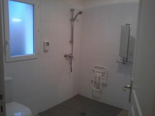 a bathroom with a shower and a window at Au Coeur Des Landes in Gaillères