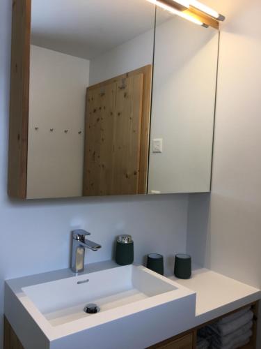 ein Badezimmer mit einem weißen Waschbecken und einem Spiegel in der Unterkunft Chalet Foresta OG in Bettmeralp