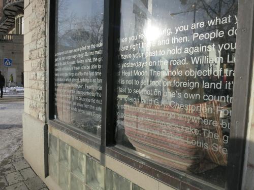 a display in a window of a building with writing on it at City Backpackers Hostel in Stockholm