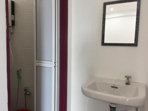 a bathroom with a sink and a mirror and a shower at BENUTHOMESTAY in Johor Bahru