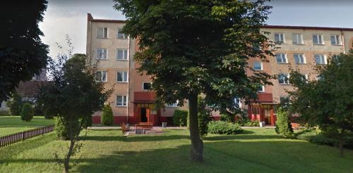 a large building with a tree in front of it at Przytulny Apartament w Gołdapi in Gołdap