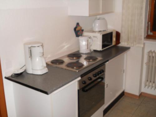 a small kitchen with a stove and a microwave at Ferienwohnung Wolf in Reichshof 
