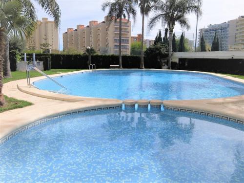 uma grande piscina azul com palmeiras e edifícios em SALINAS III - PLAYA DE GANDIA ( Sólo alquiler Familias ) em Gandia