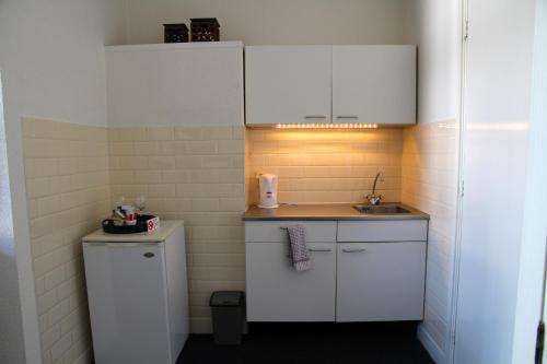 a kitchen with a sink and a refrigerator at Hotel Doppenberg in Zandvoort