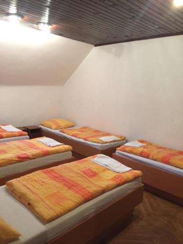 a group of beds in a room with a wall at Youth Hostel Nika in Kranjska Gora