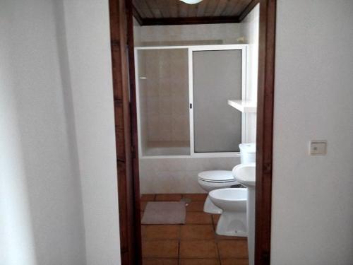 bagno con servizi igienici, lavandino e specchio di TINA - 3C - Alojamento Local -RRAL 1048 a Álamos Bravos