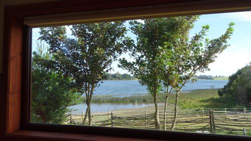 a window with a view of a body of water at CABAÑAS Gracias a la Vida Lodge in Puerto Varas
