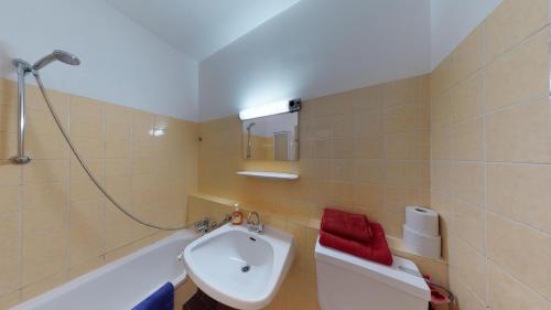 グムンデンにあるVintage Garconiere mit Balkon - 25 m2のバスルーム(シンク、バスタブ、赤いタオル付)