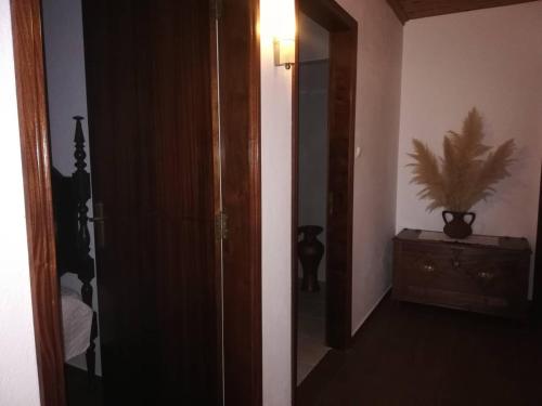 una puerta abierta a un dormitorio con una planta en un tocador en Residência Livramento, en Velas