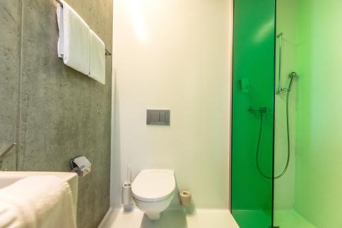 a bathroom with a toilet and a green shower at Basel Youth Hostel in Basel