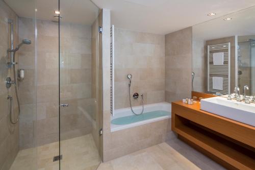 a bathroom with a shower and a sink and a tub at Spa Resort Styria- ADULTS ONLY in Bad Waltersdorf