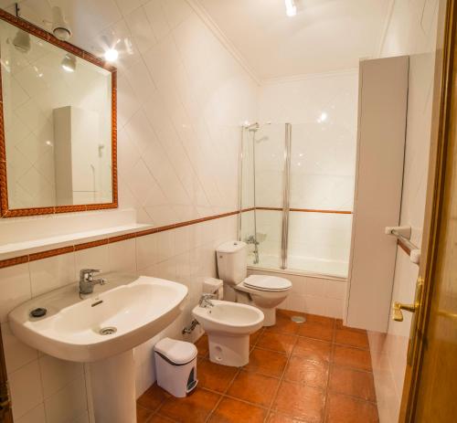 a bathroom with a sink and a toilet and a mirror at Apartamentos Santa Marina in Llanes