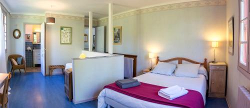 ein Schlafzimmer mit einem Bett mit einer roten Decke in der Unterkunft La Maison de L'Ousse in Livron