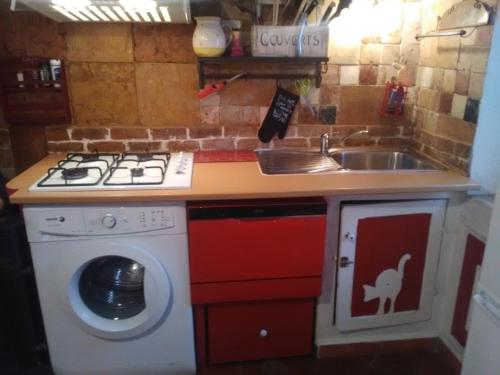 une cuisine avec une machine à laver et un évier dans l'établissement Maisonnette Chez Thierry, à Marseille